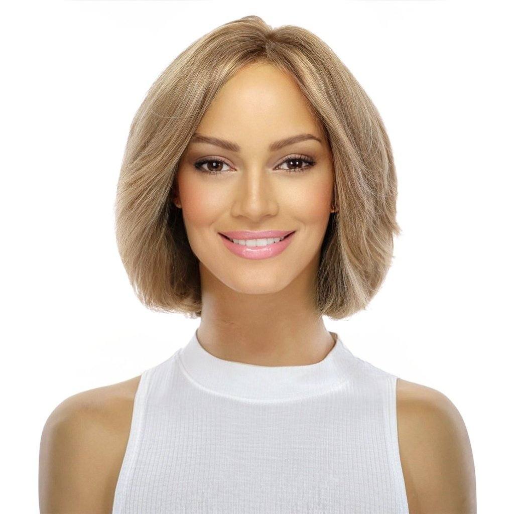 12" Luxe Pixie Silk Top Wig #12 Warm Light Brown Wavy w/ Full Highlight & Bang Cut - Image 5