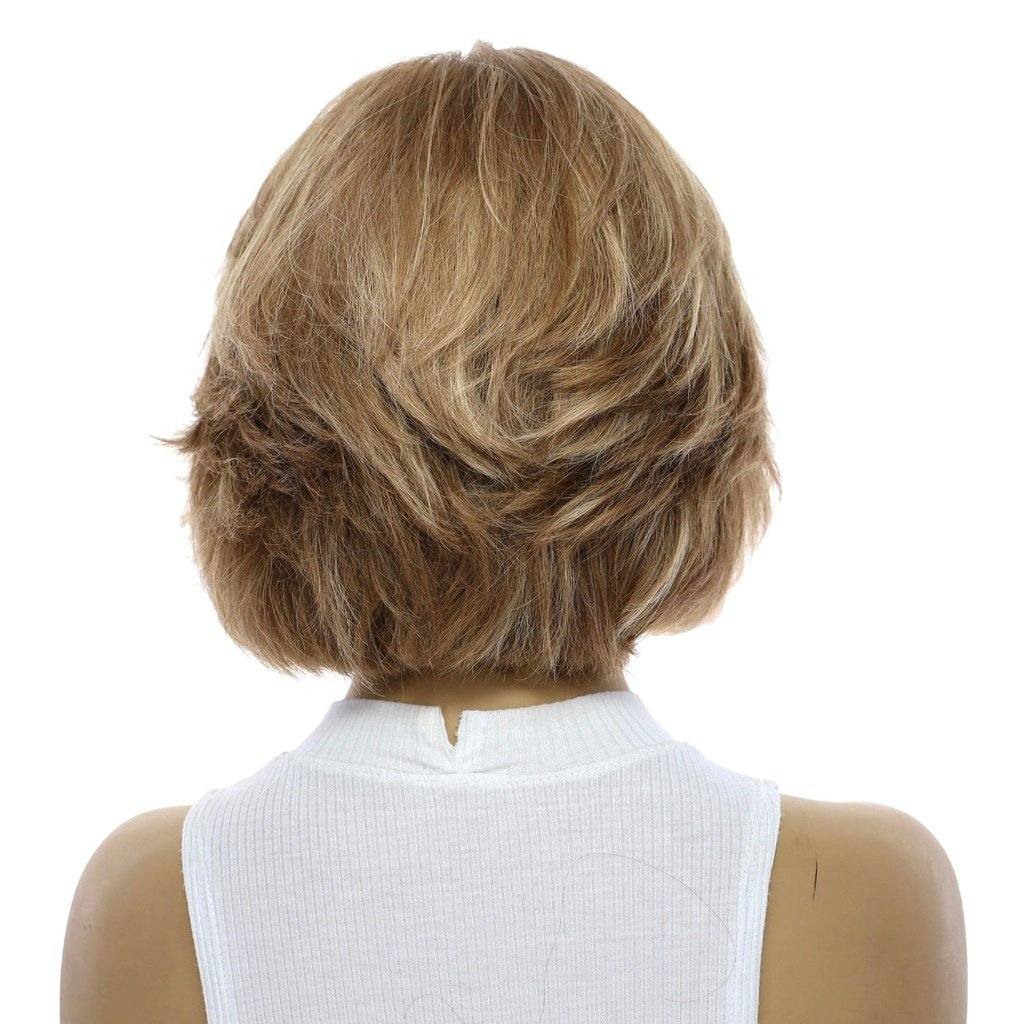 12" Luxe Pixie Silk Top Wig #12 Warm Light Brown Wavy w/ Full Highlight & Bang Cut - Image 6